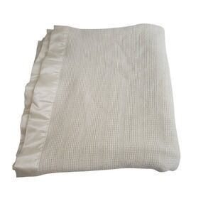 Faribo VTG Wool Blend Waffle Weave Blanket Satin Trim Cream Made in USA 83"x85"